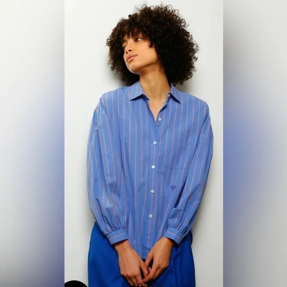 Rails | Blue Button Down Puff Sleeve Janae in Lima Stripe Sz M - Picture 2 of 12